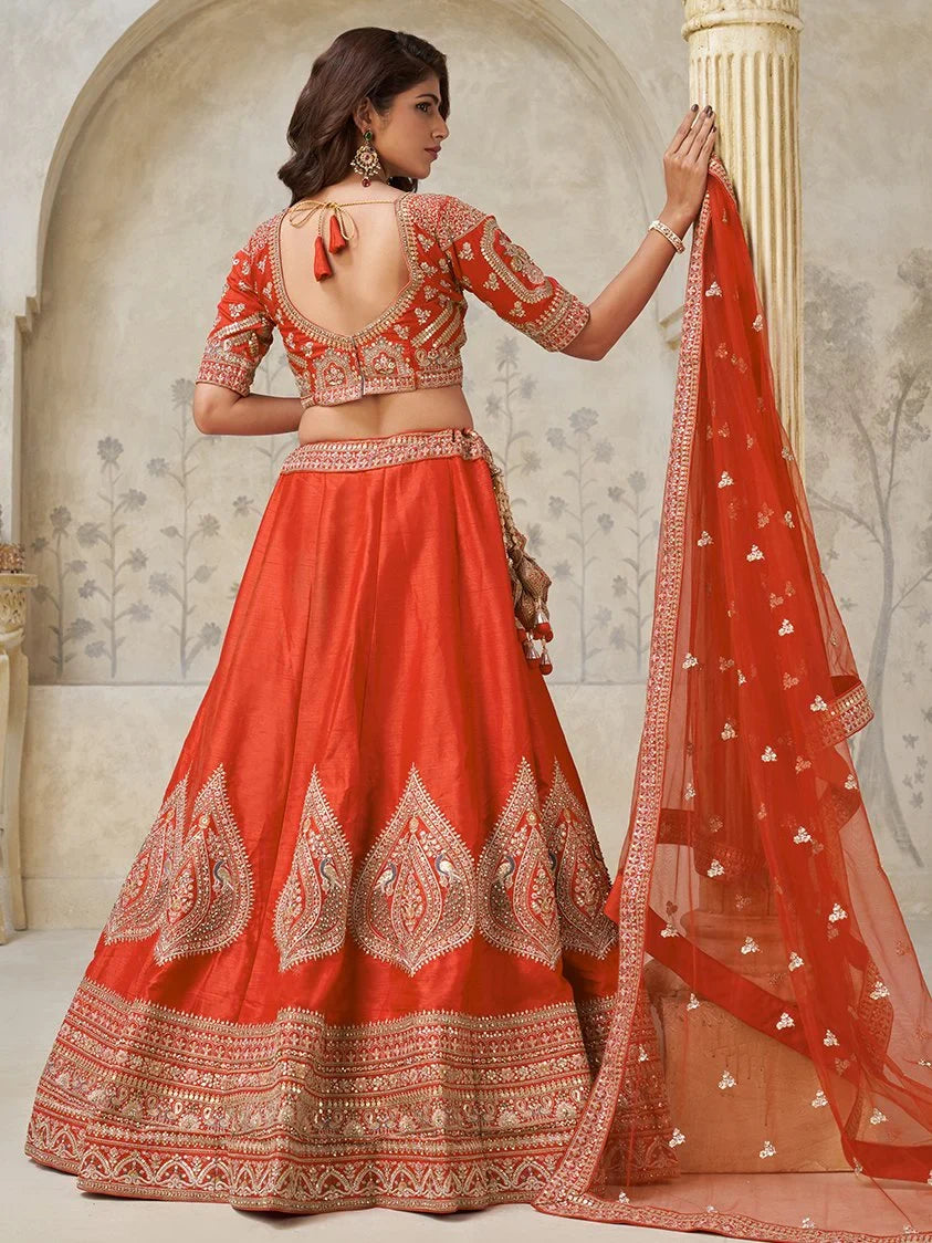 Fabulous Rust Orange Dori Work Silk Evening Wear Lehenga Choli With Dupatta