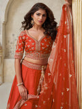 Fabulous Rust Orange Dori Work Silk Evening Wear Lehenga Choli With Dupatta