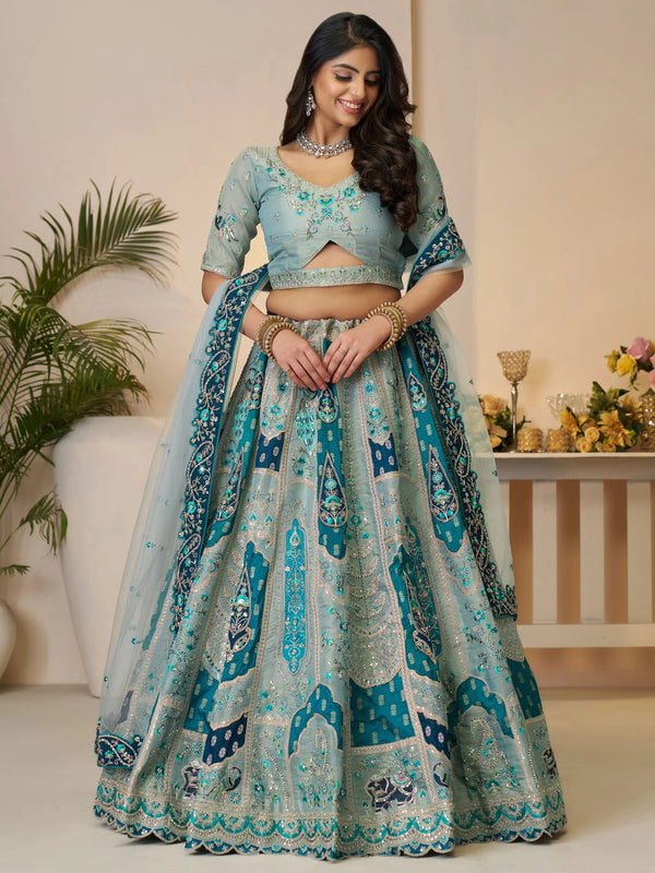 Fabulous Sky-Blue Patch Work Banarasi Silk Bridesmaid Lehenga Choli - Zeel Clothing