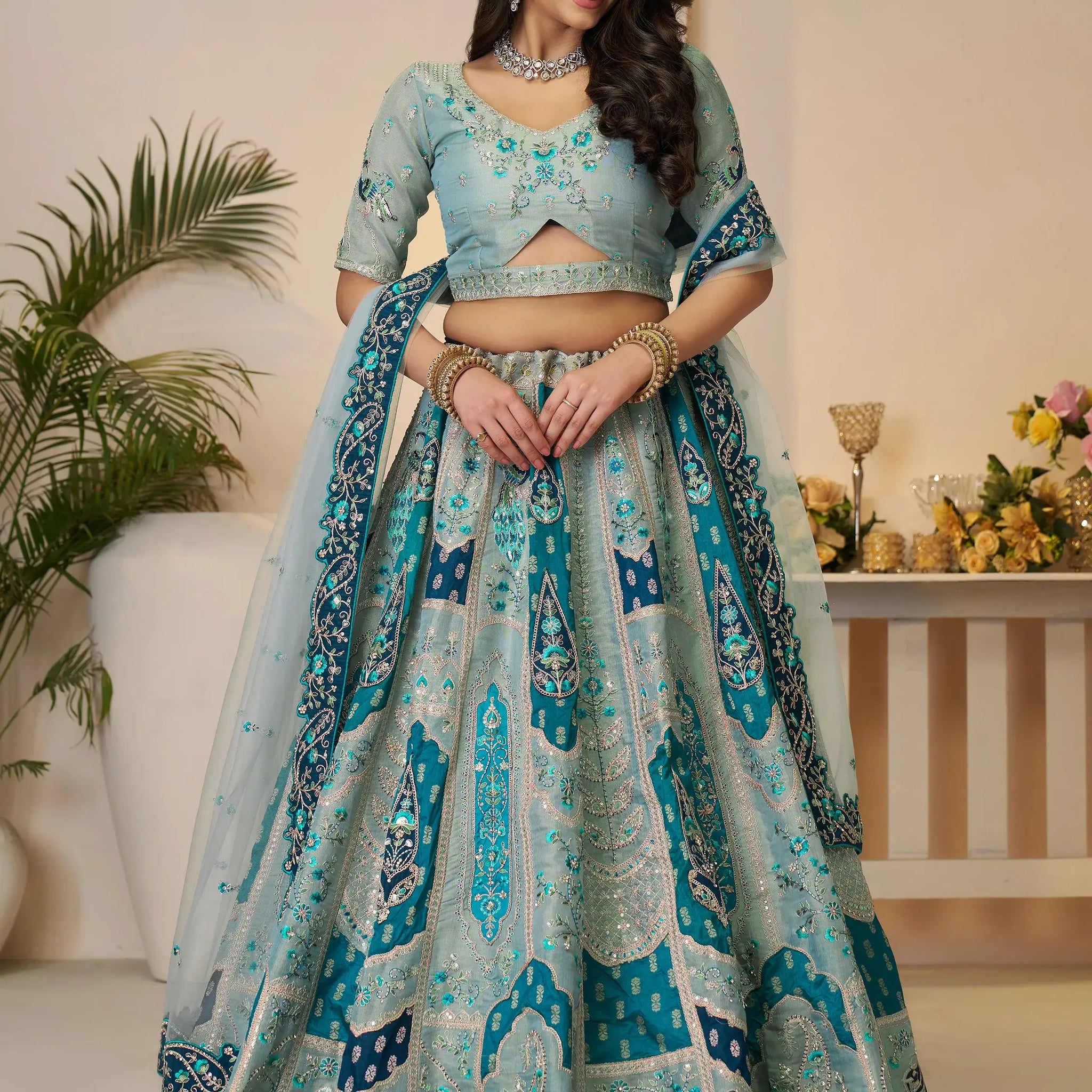 Fabulous Sky-Blue Patch Work Banarasi Silk Bridesmaid Lehenga Choli - Zeel Clothing