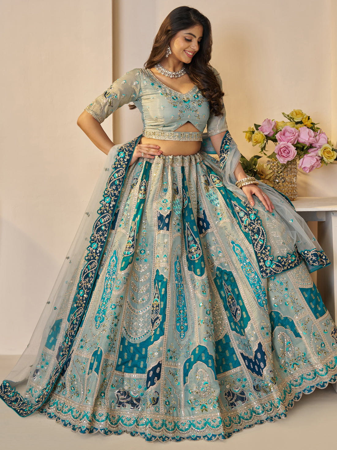 Fabulous Sky-Blue Patch Work Banarasi Silk Bridesmaid Lehenga Choli - Zeel Clothing