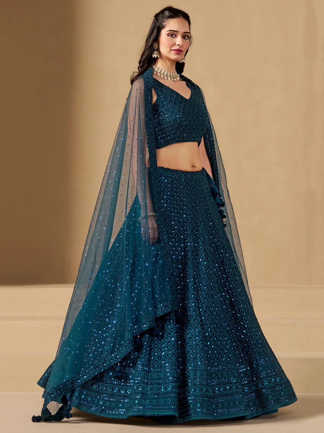 Fabulous Teal Blue Thread Embroidered Georgette Lehenga Choli - Zeel Clothing