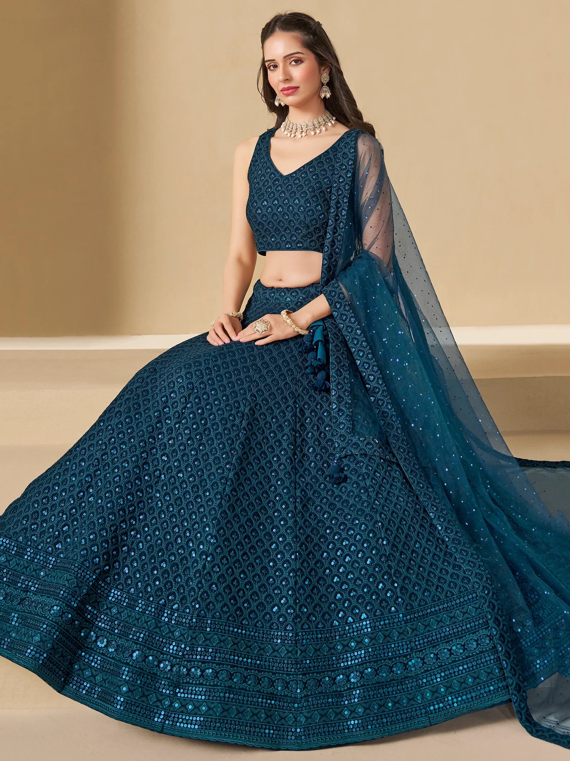 Fabulous Teal Blue Thread Embroidered Georgette Lehenga Choli - Zeel Clothing