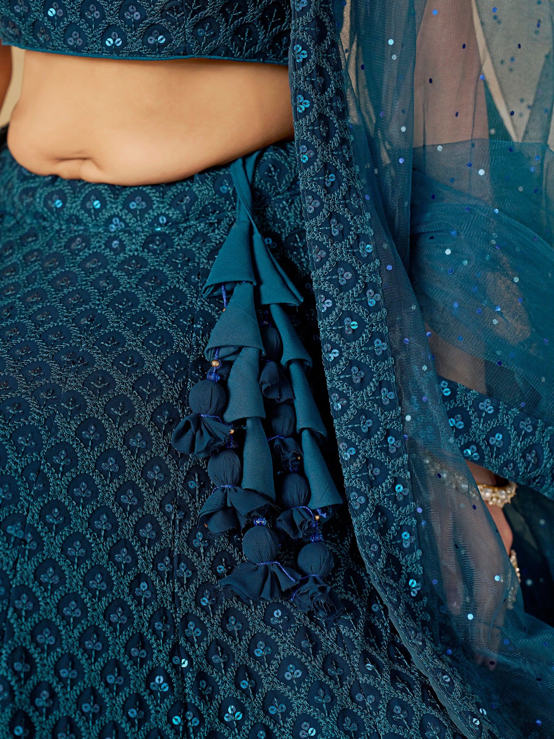 Fabulous Teal Blue Thread Embroidered Georgette Lehenga Choli - Zeel Clothing