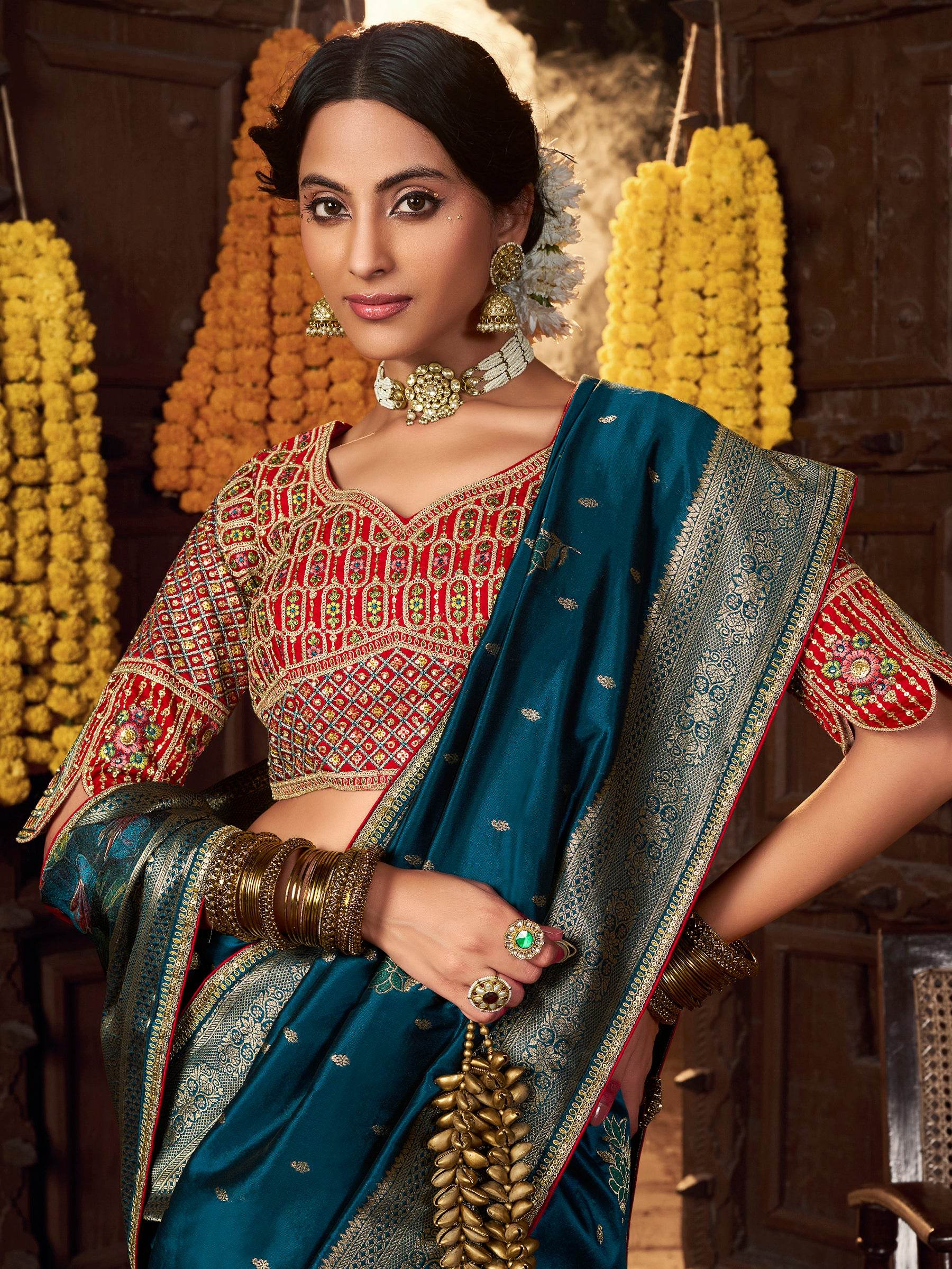 Fabulous Teal Blue Zari Weaving Silk Festive Wear Saree With Blouse - Zeel Clothing