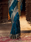 Fabulous Teal Blue Zari Weaving Silk Festive Wear Saree With Blouse - Zeel Clothing