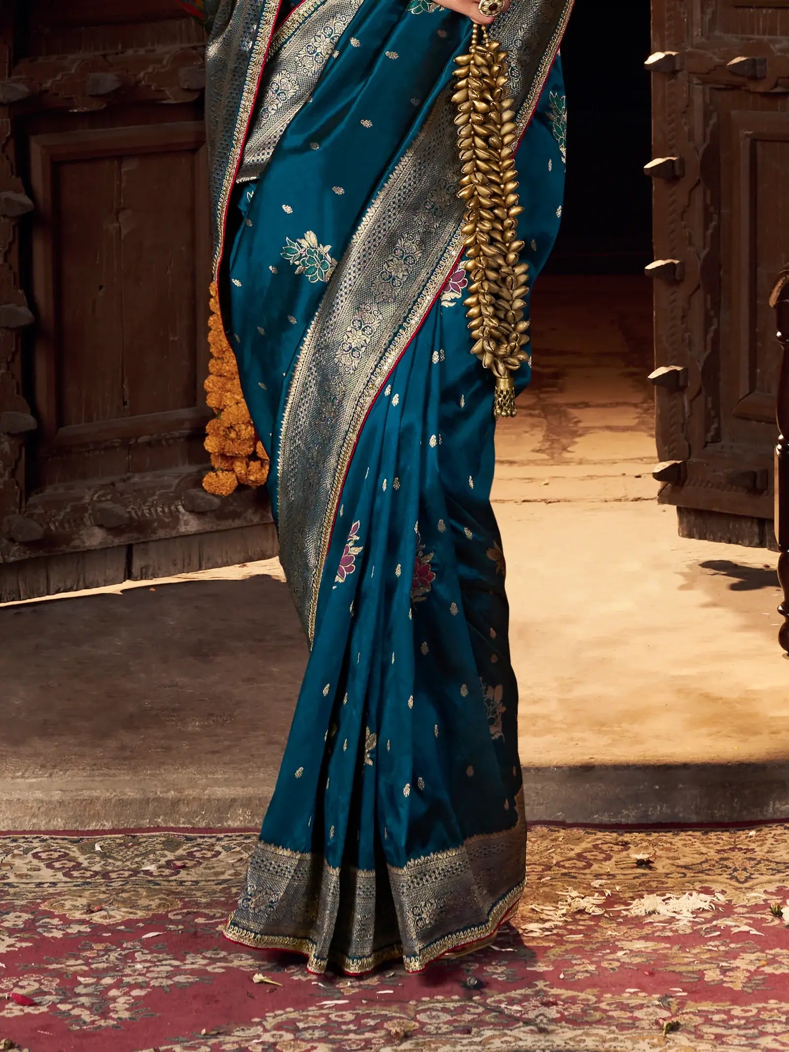 Fabulous Teal Blue Zari Weaving Silk Festive Wear Saree With Blouse - Zeel Clothing