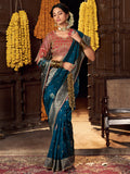 Fabulous Teal Blue Zari Weaving Silk Festive Wear Saree With Blouse - Zeel Clothing