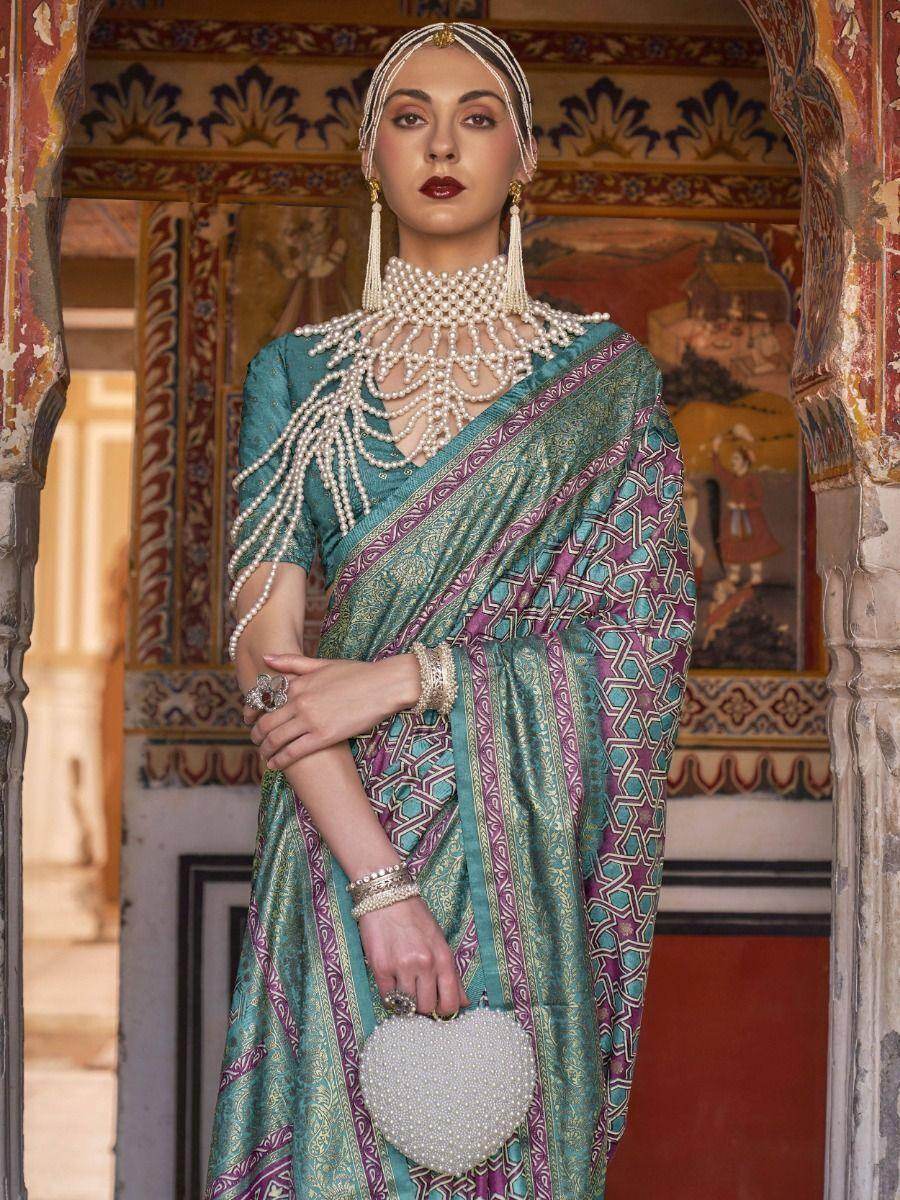Fabulous Teal Green Digital Print Silk Clacis Saree With Blouse - Zeel Clothing