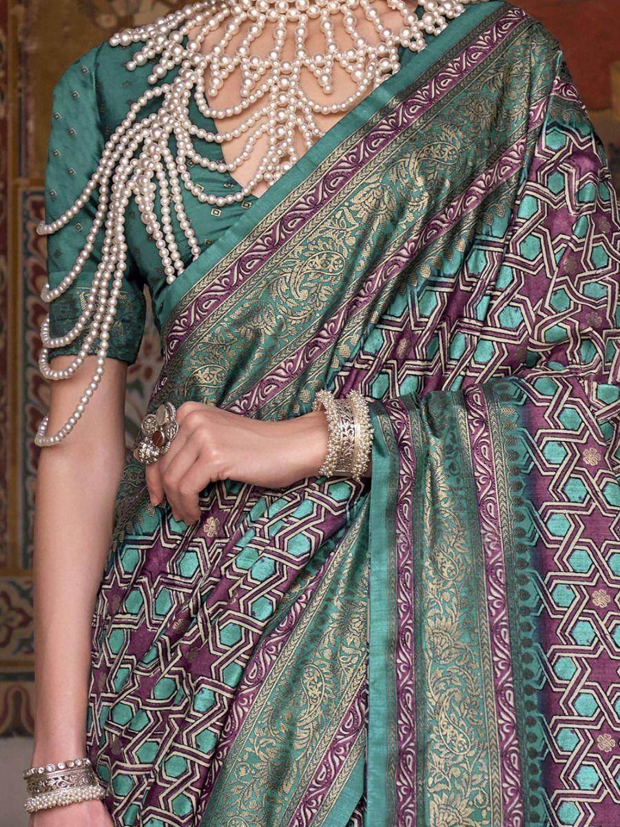 Fabulous Teal Green Digital Print Silk Clacis Saree With Blouse - Zeel Clothing