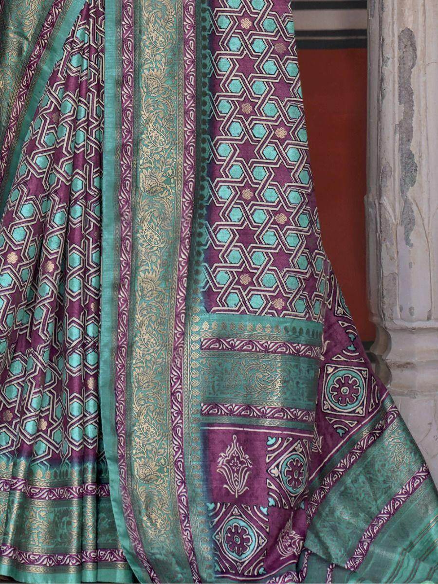 Fabulous Teal Green Digital Print Silk Clacis Saree With Blouse - Zeel Clothing