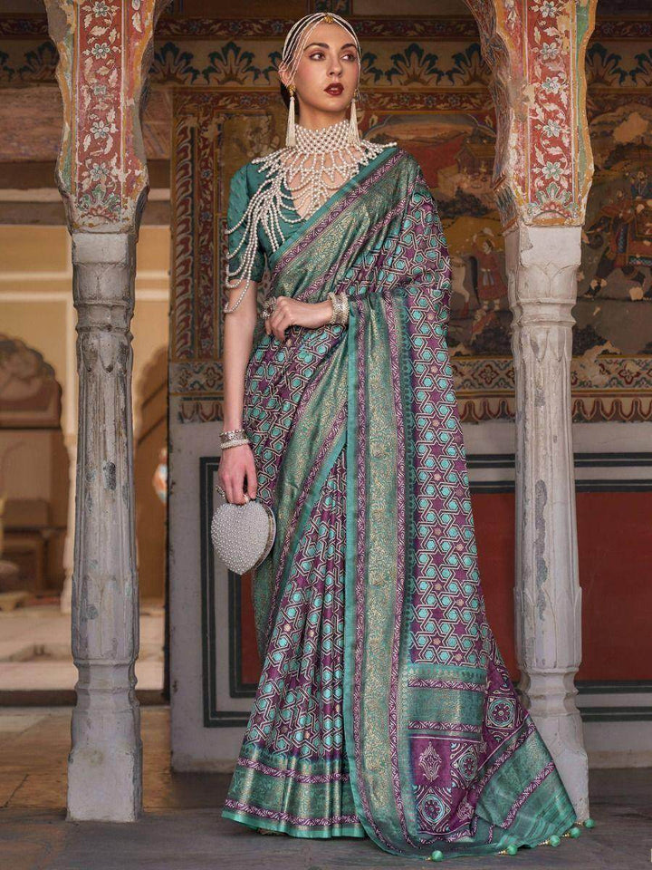 Fabulous Teal Green Digital Print Silk Clacis Saree With Blouse - Zeel Clothing