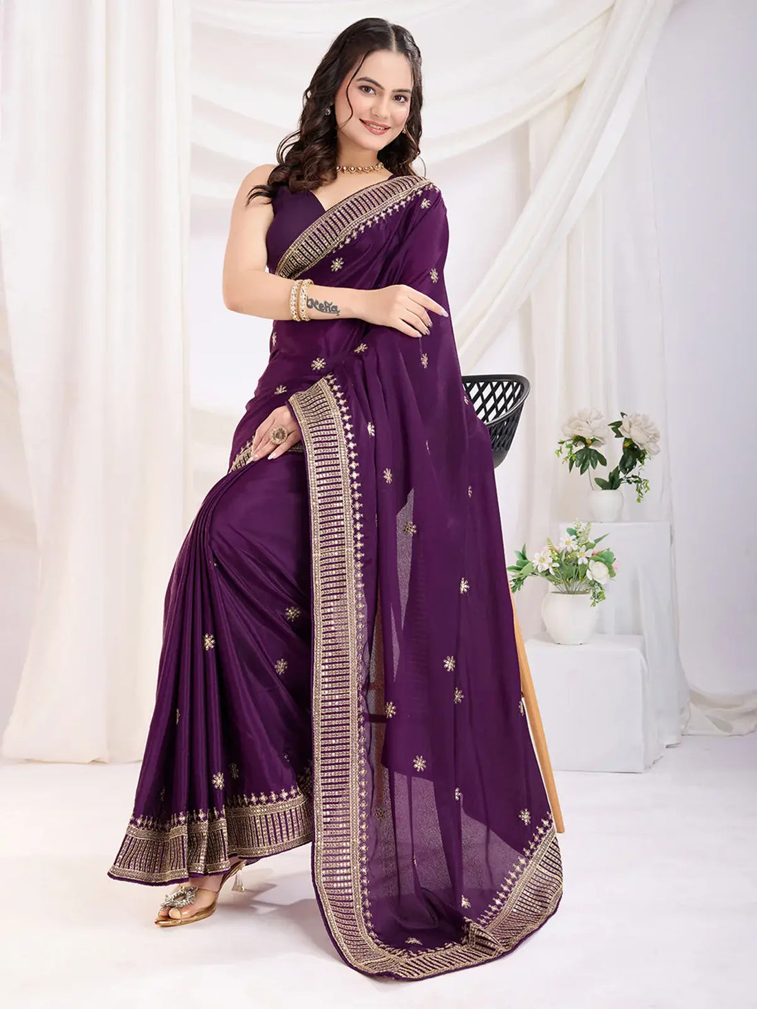 Fabulous Violet Heavy Zari Border Work Chinon Silk Engagement Wear Saree - Zeel Clothing