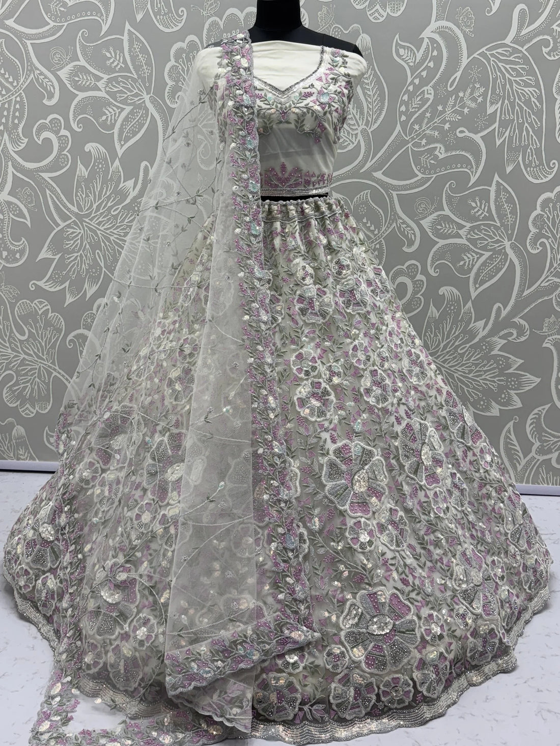 Fabulous White Diamond Work Net Designer Lehenga Choli With Dupatta