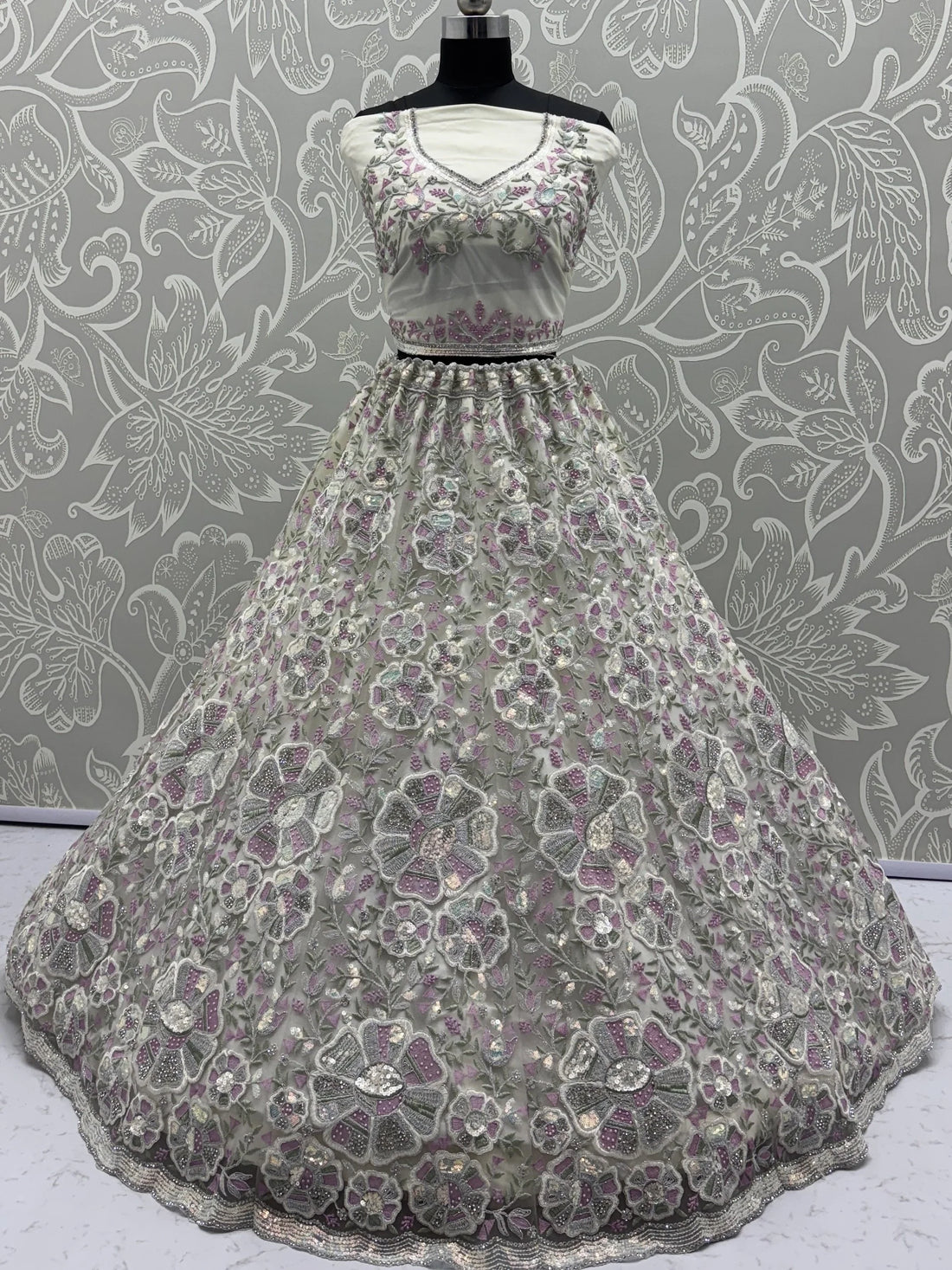 Fabulous White Diamond Work Net Designer Lehenga Choli With Dupatta