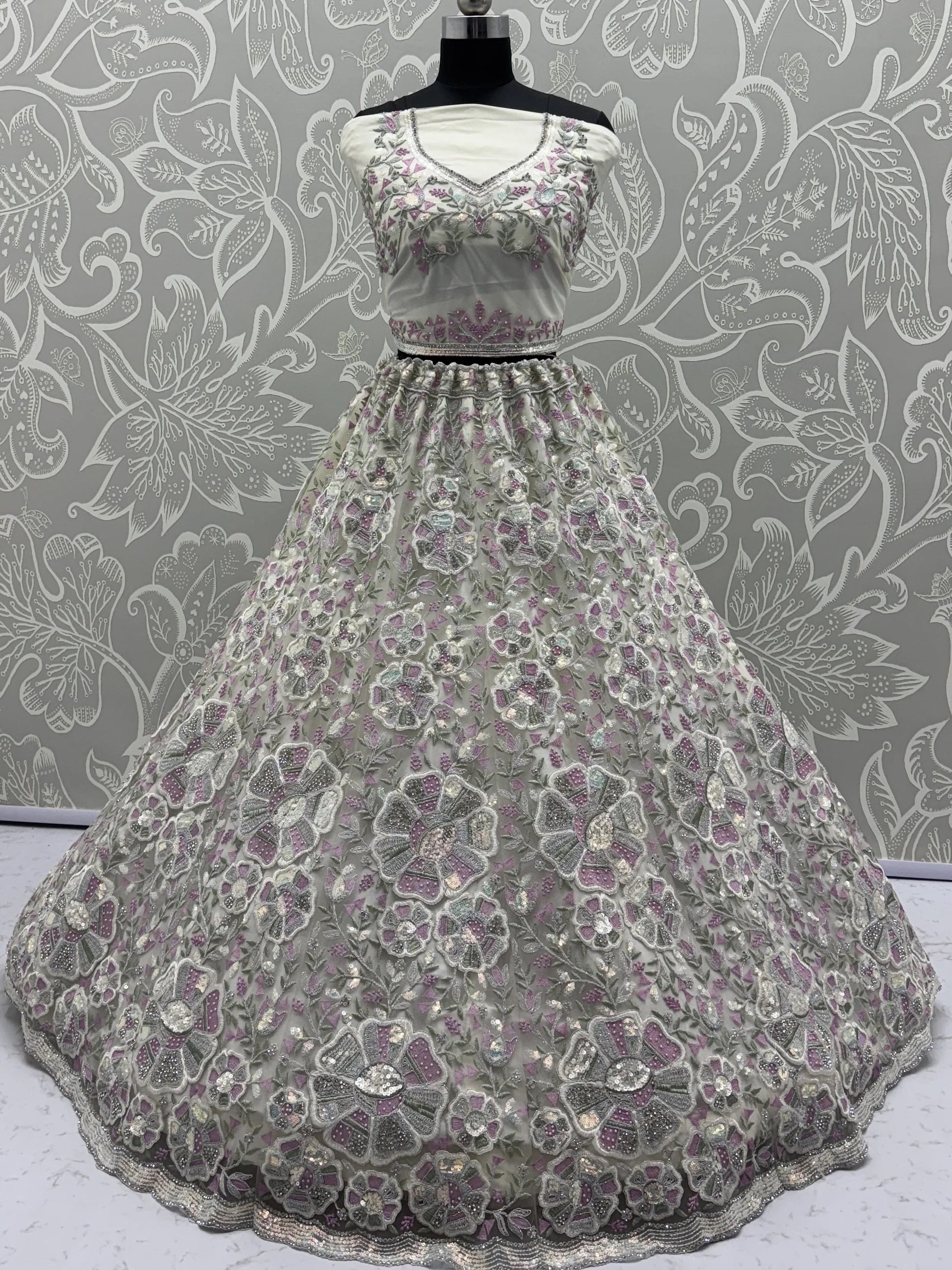 Fabulous White Diamond Work Net Designer Lehenga Choli With Dupatta