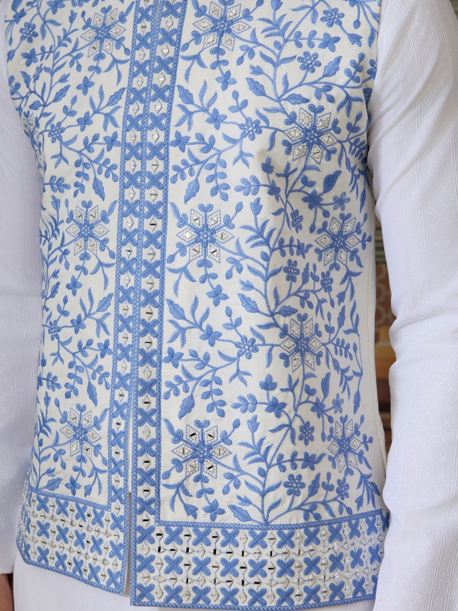 Fabulous White Mirror Work Silk Marriage Wear Men Kurta Set And Jacket
