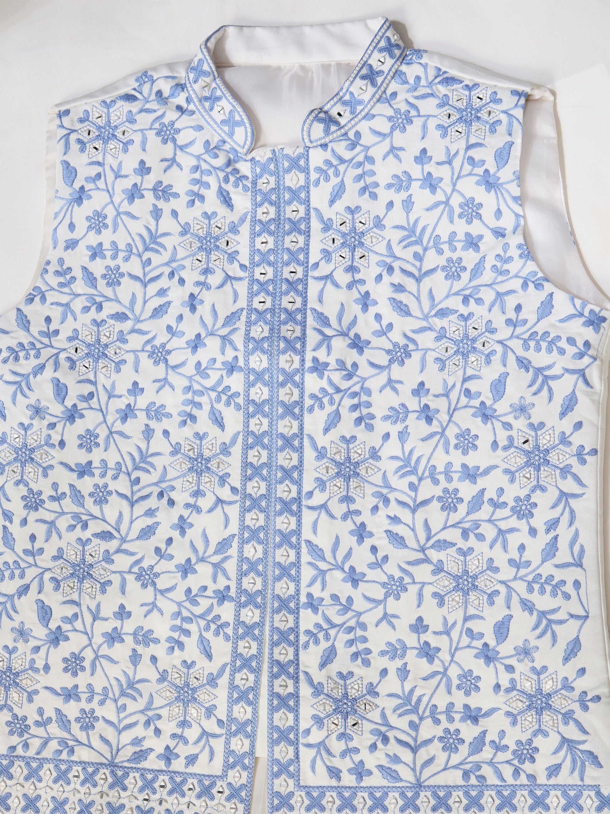 Fabulous White Mirror Work Silk Marriage Wear Men Kurta Set And Jacket