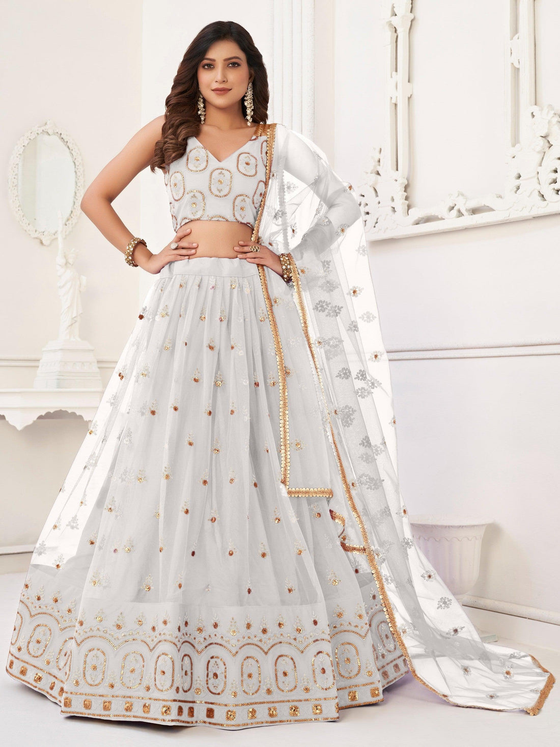 Fabulous White Sequins Net Traditional Lehenga Choli With Dupatta