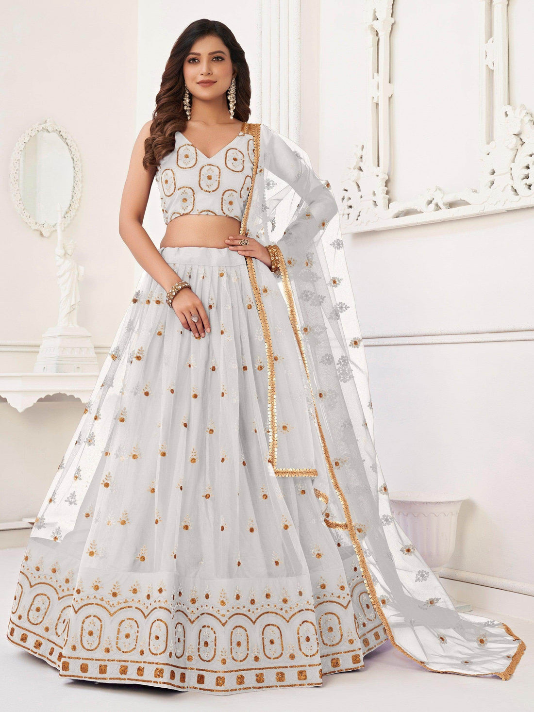 Fabulous White Sequins Net Traditional Lehenga Choli With Dupatta - Zeel Clothing