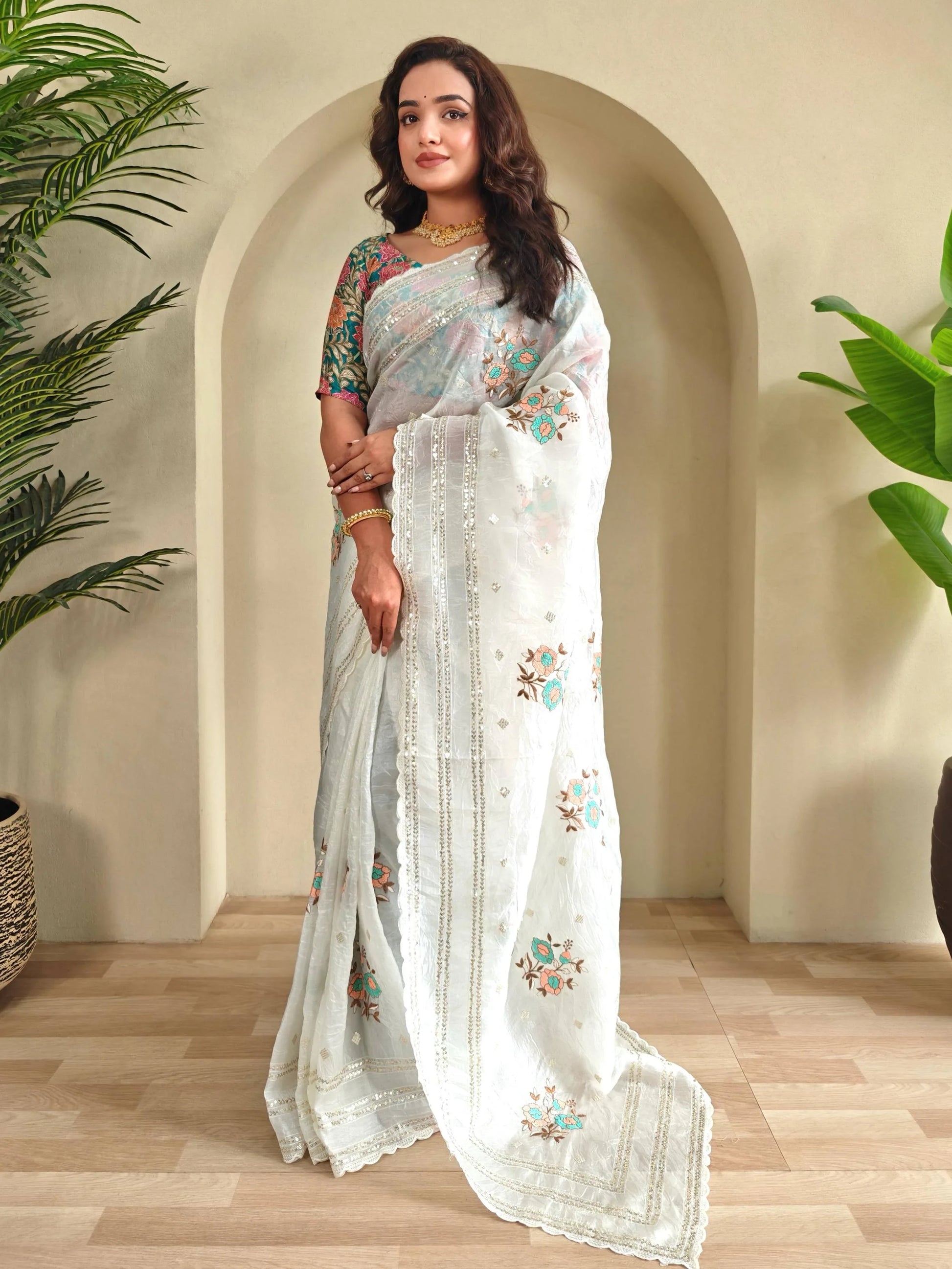 Fabulous White Sequins Organza Wedding Wear Saree With Blouse - Zeel Clothing