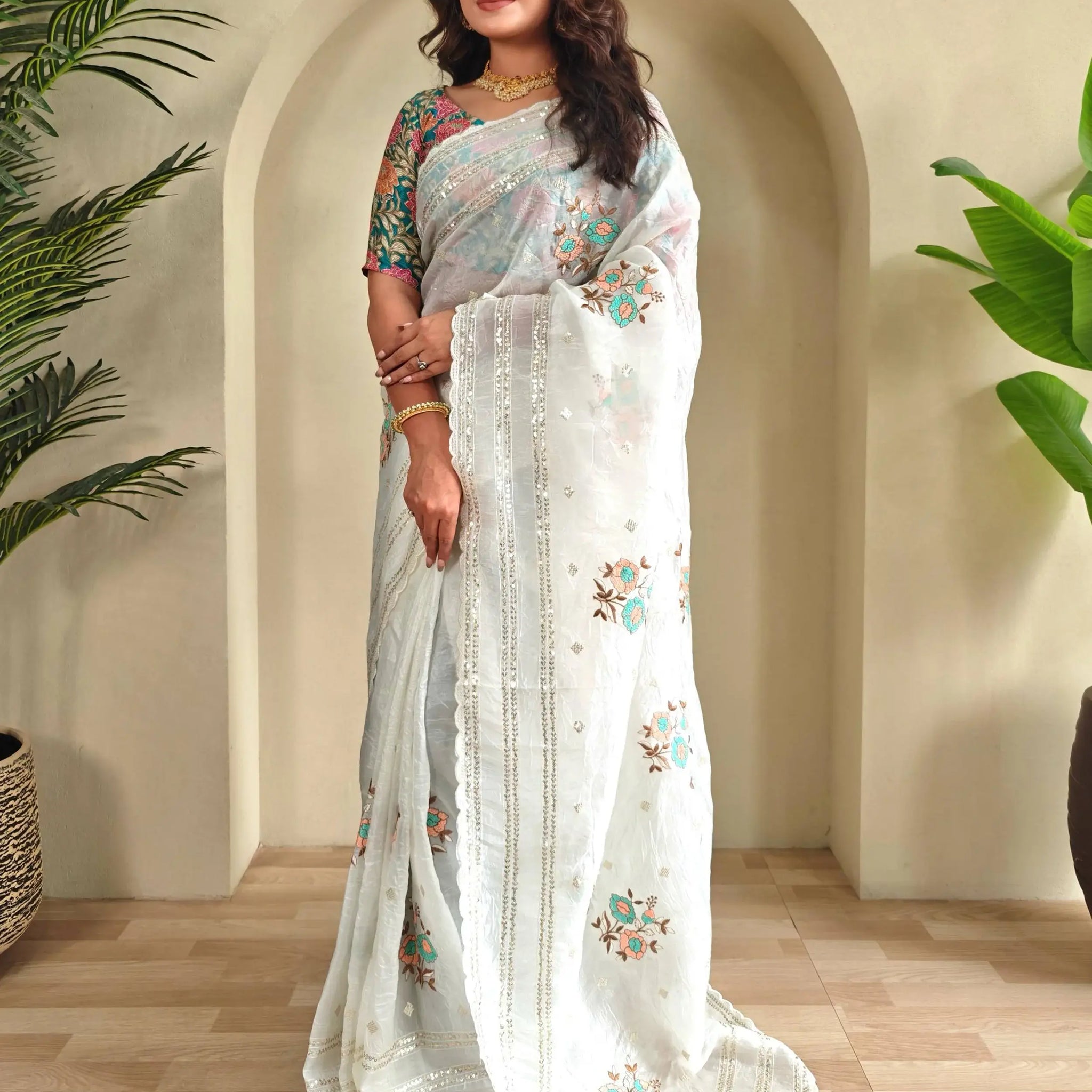 Fabulous White Sequins Organza Wedding Wear Saree With Blouse - Zeel Clothing