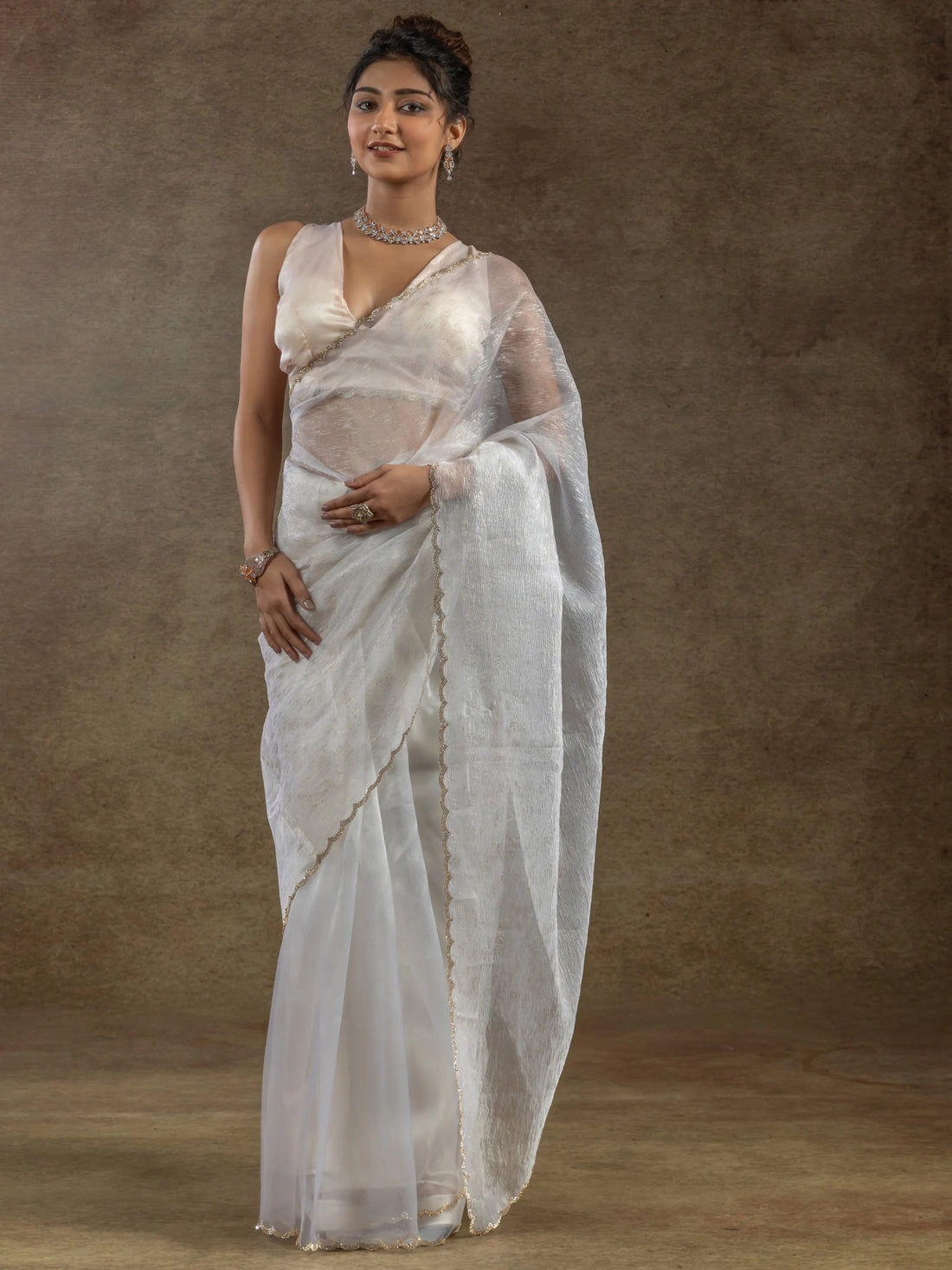 Fabulous White Zari Weaving Organza Pre-Stitched Saree With Blouse - Zeel Clothing