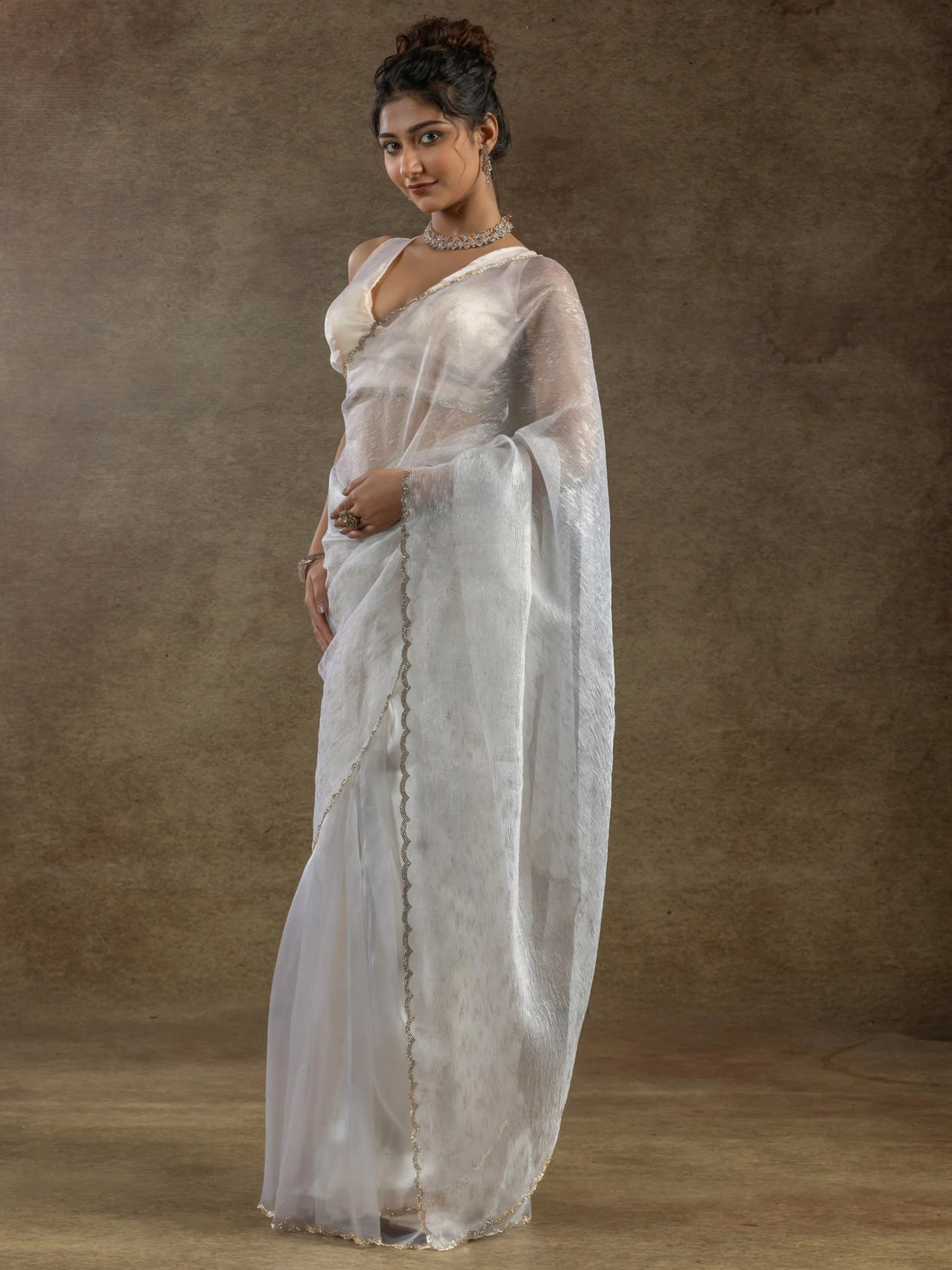 Fabulous White Zari Weaving Organza Pre-Stitched Saree With Blouse - Zeel Clothing