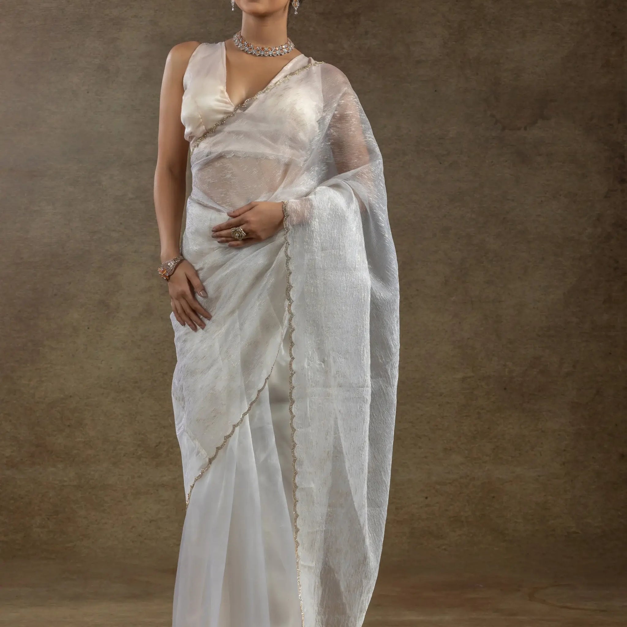 Fabulous White Zari Weaving Organza Pre-Stitched Saree With Blouse - Zeel Clothing