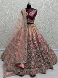 Fabulous Wine Embroidered Velvet Bridal Lehenga Choli With Dupatta - Zeel Clothing