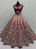 Fabulous Wine Embroidered Velvet Bridal Lehenga Choli With Dupatta - Zeel Clothing