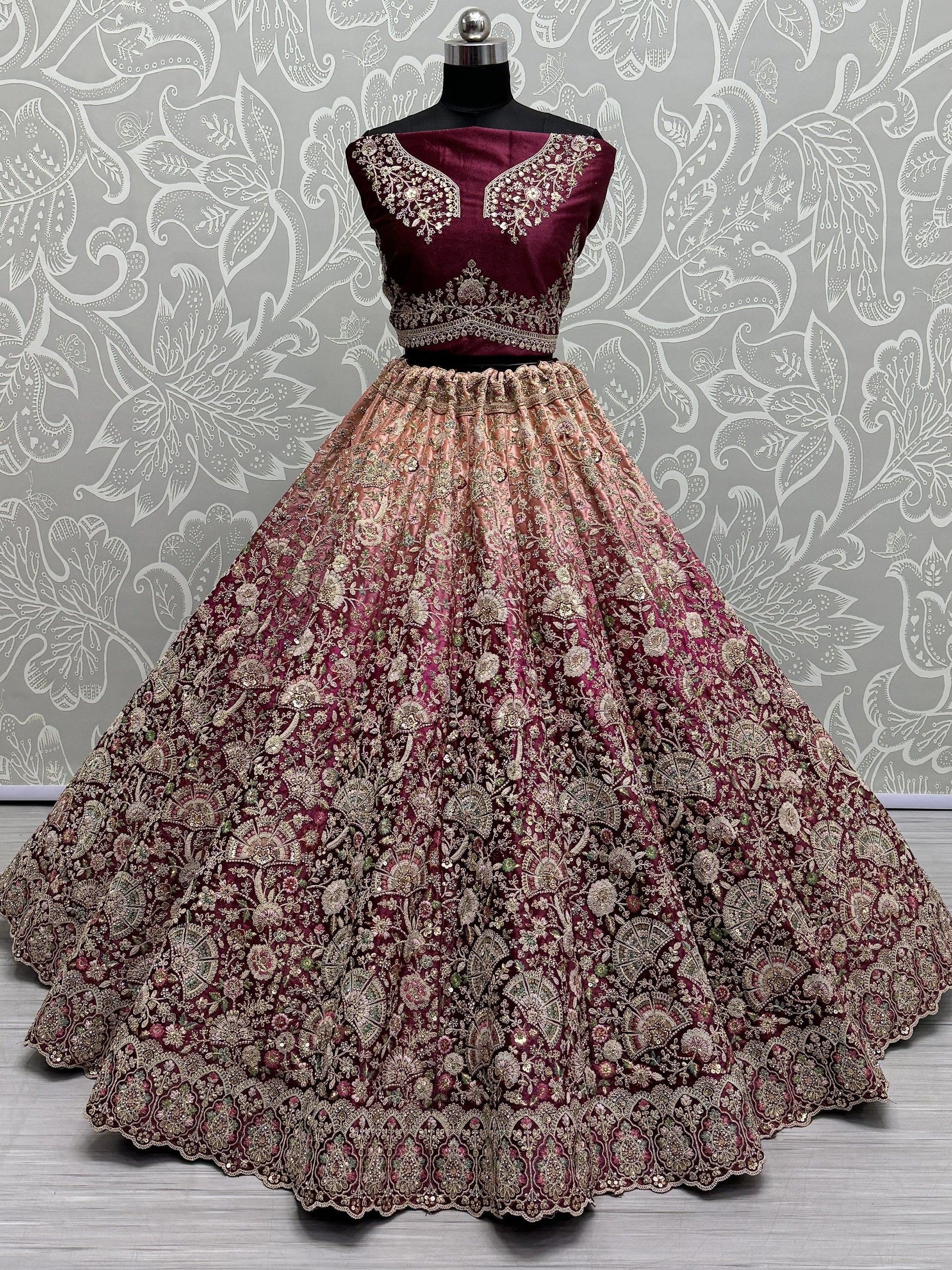 Fabulous Wine Embroidered Velvet Bridal Lehenga Choli With Dupatta - Zeel Clothing