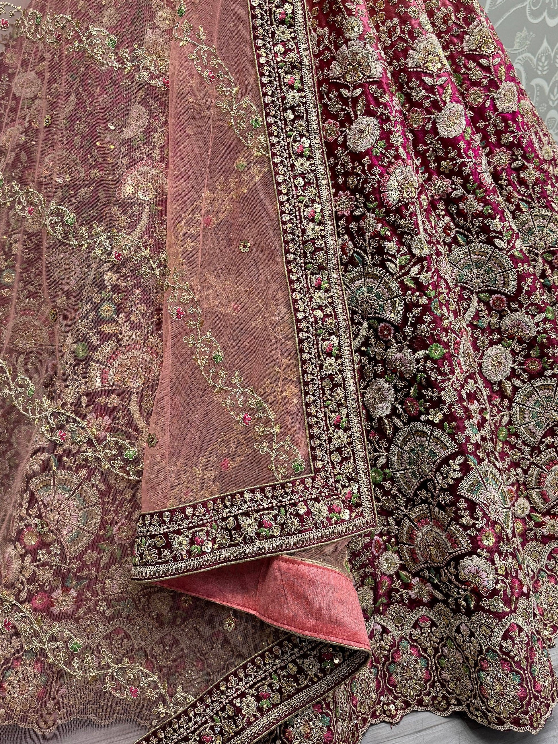 Fabulous Wine Embroidered Velvet Bridal Lehenga Choli With Dupatta - Zeel Clothing