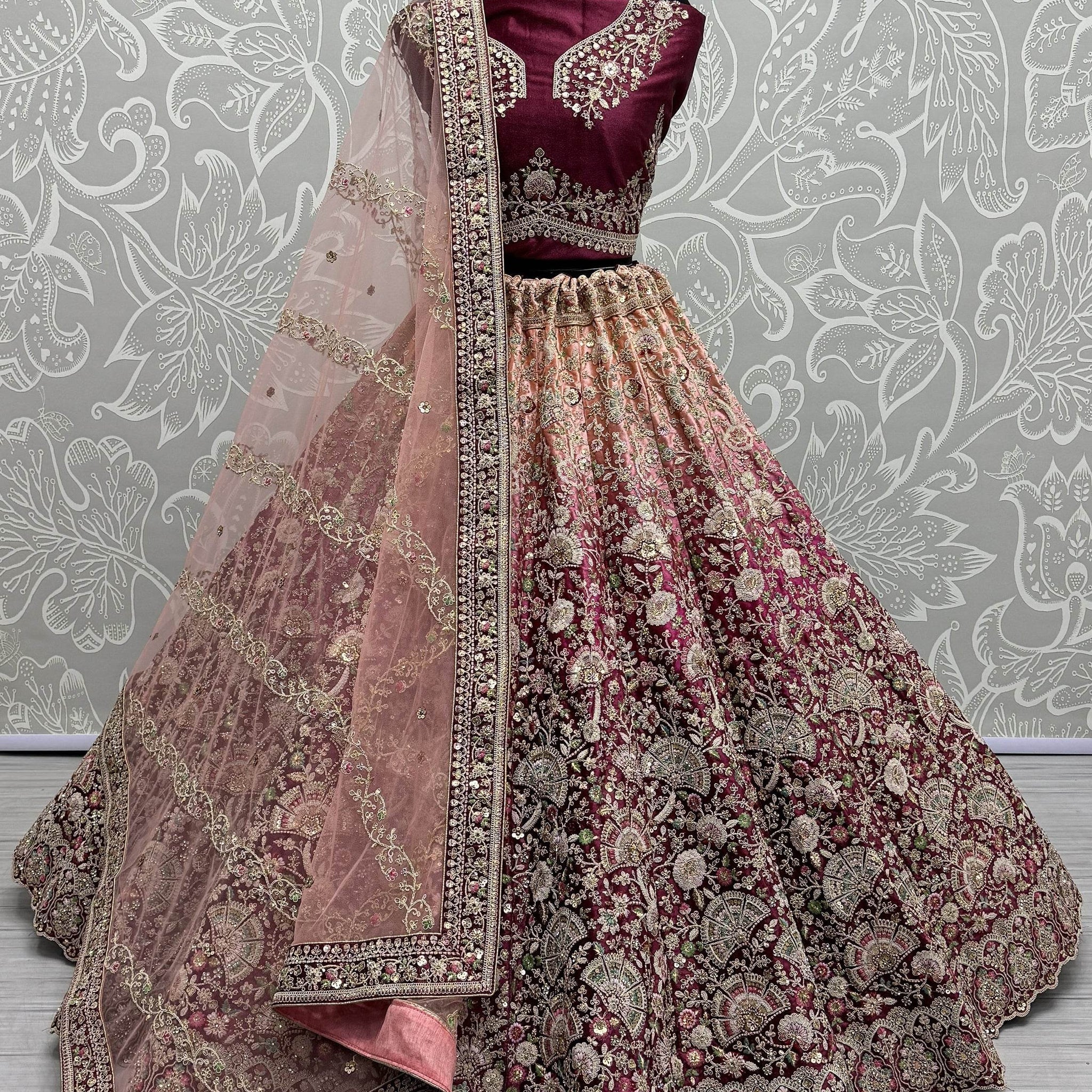 Fabulous Wine Embroidered Velvet Bridal Lehenga Choli With Dupatta - Zeel Clothing