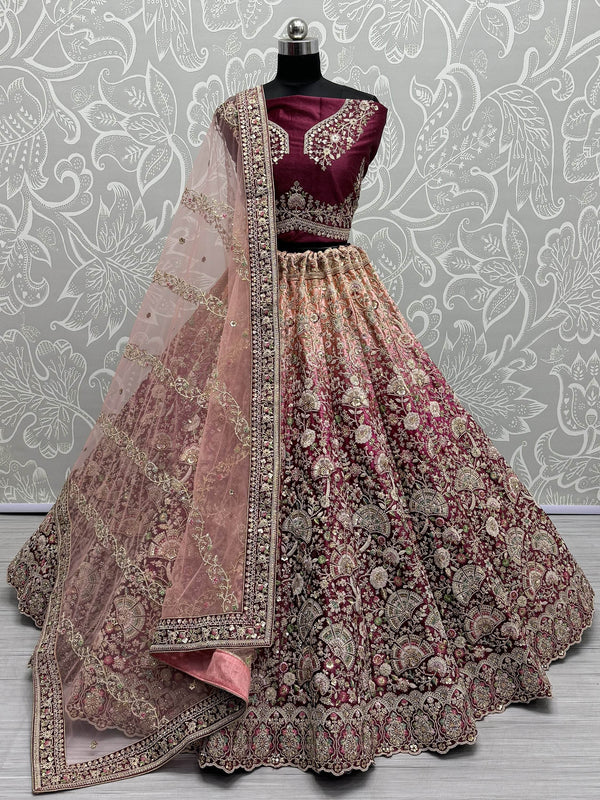 Fabulous Wine Embroidered Velvet Bridal Lehenga Choli With Dupatta - Zeel Clothing