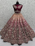 Fabulous Wine Embroidered Velvet Bridal Lehenga Choli With Dupatta - Zeel Clothing