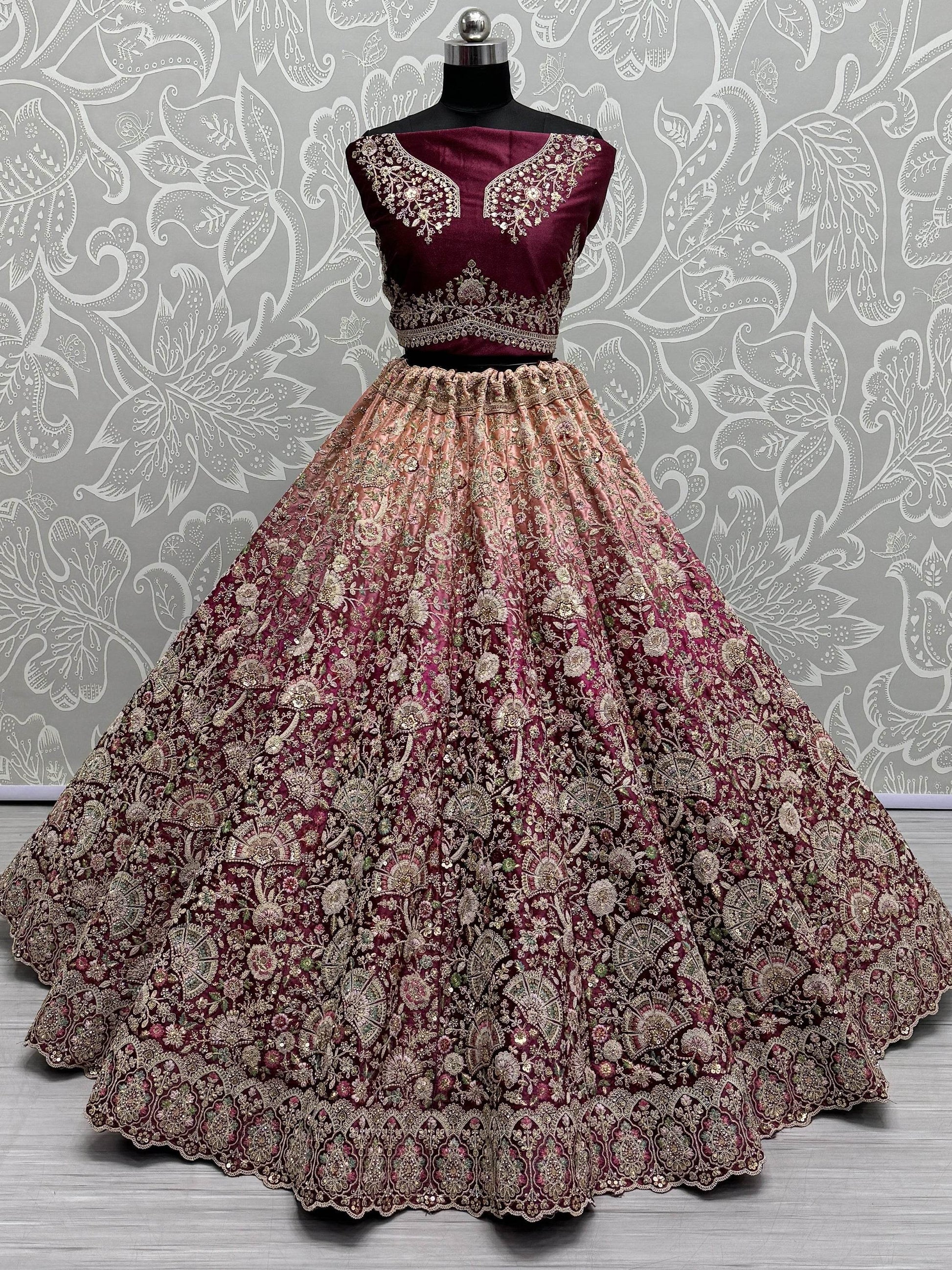 Fabulous Wine Embroidered Velvet Bridal Lehenga Choli With Dupatta - Zeel Clothing