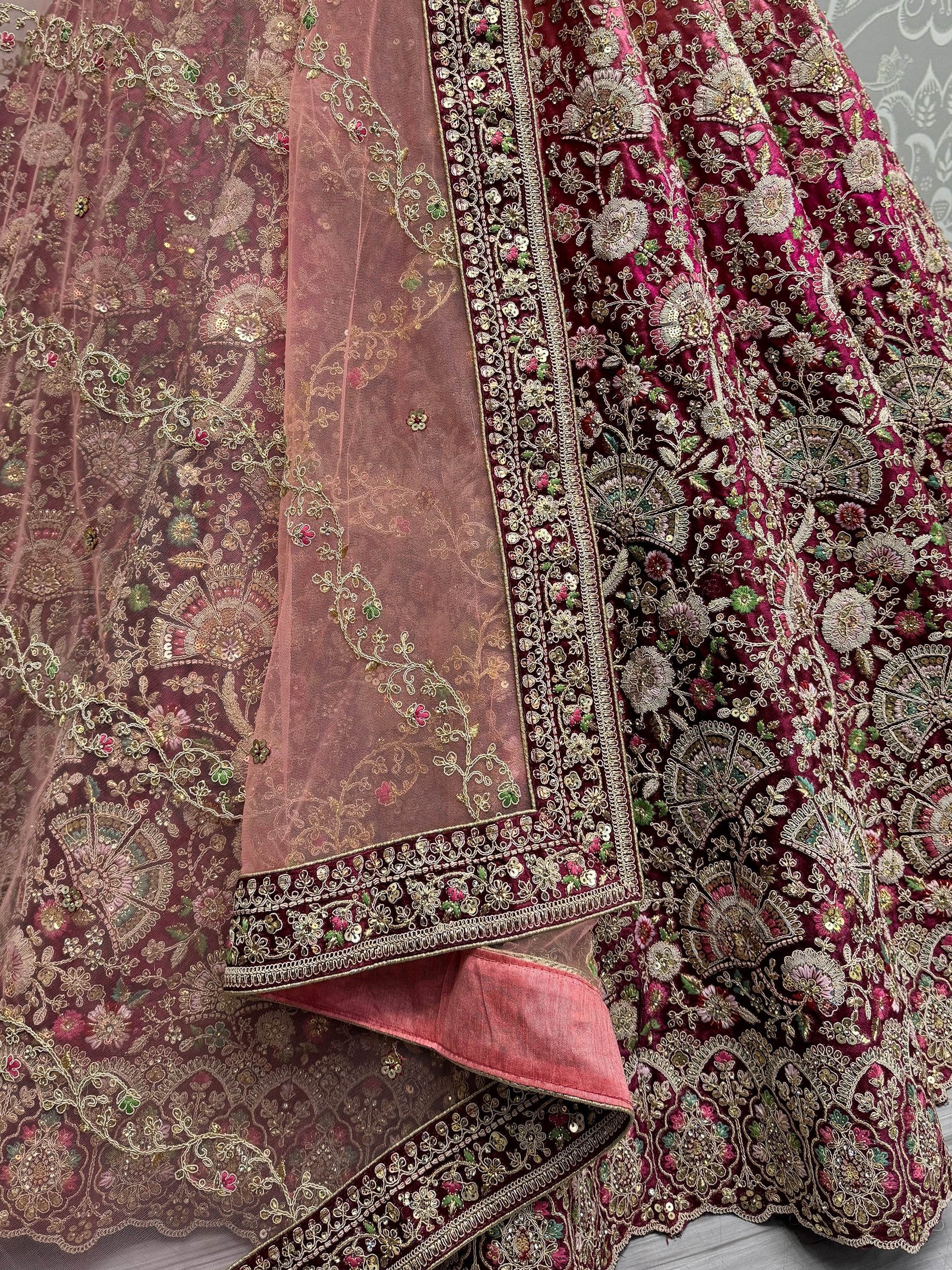 Fabulous Wine Embroidered Velvet Bridal Lehenga Choli With Dupatta - Zeel Clothing