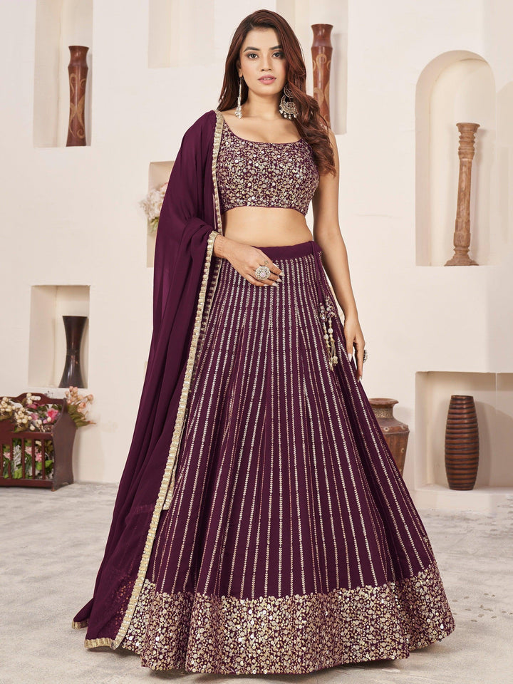 Fabulous Wine Sequins Georgette Reception Wear Lehenga Choli