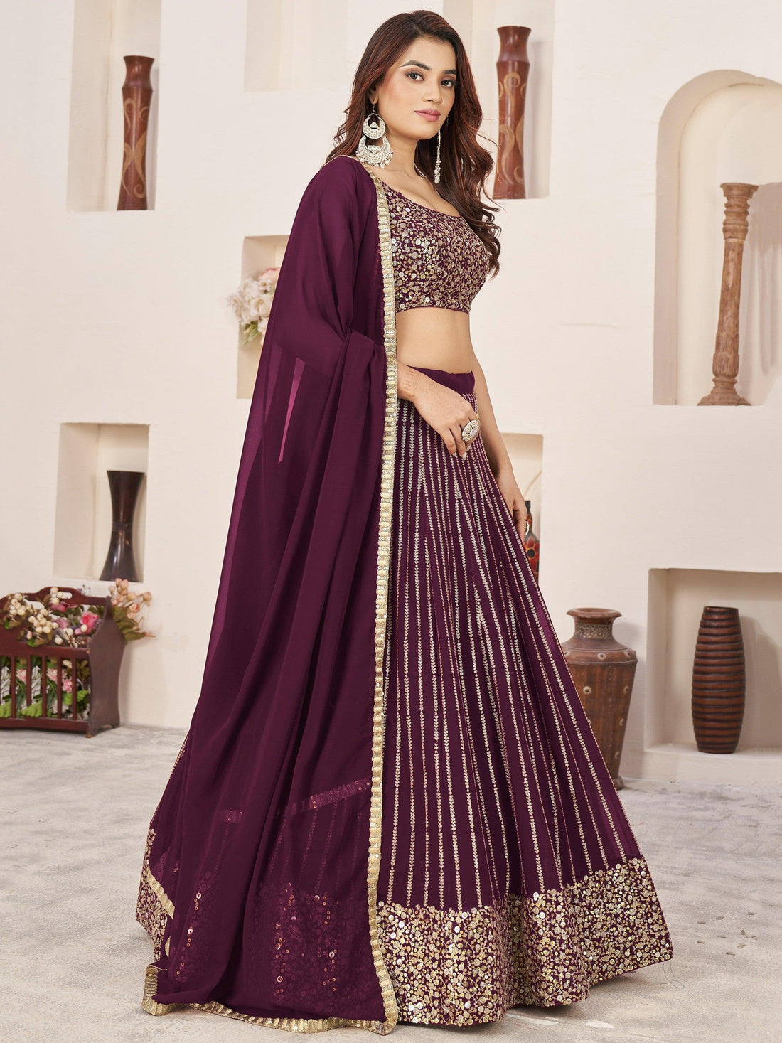 Fabulous Wine Sequins Georgette Reception Wear Lehenga Choli
