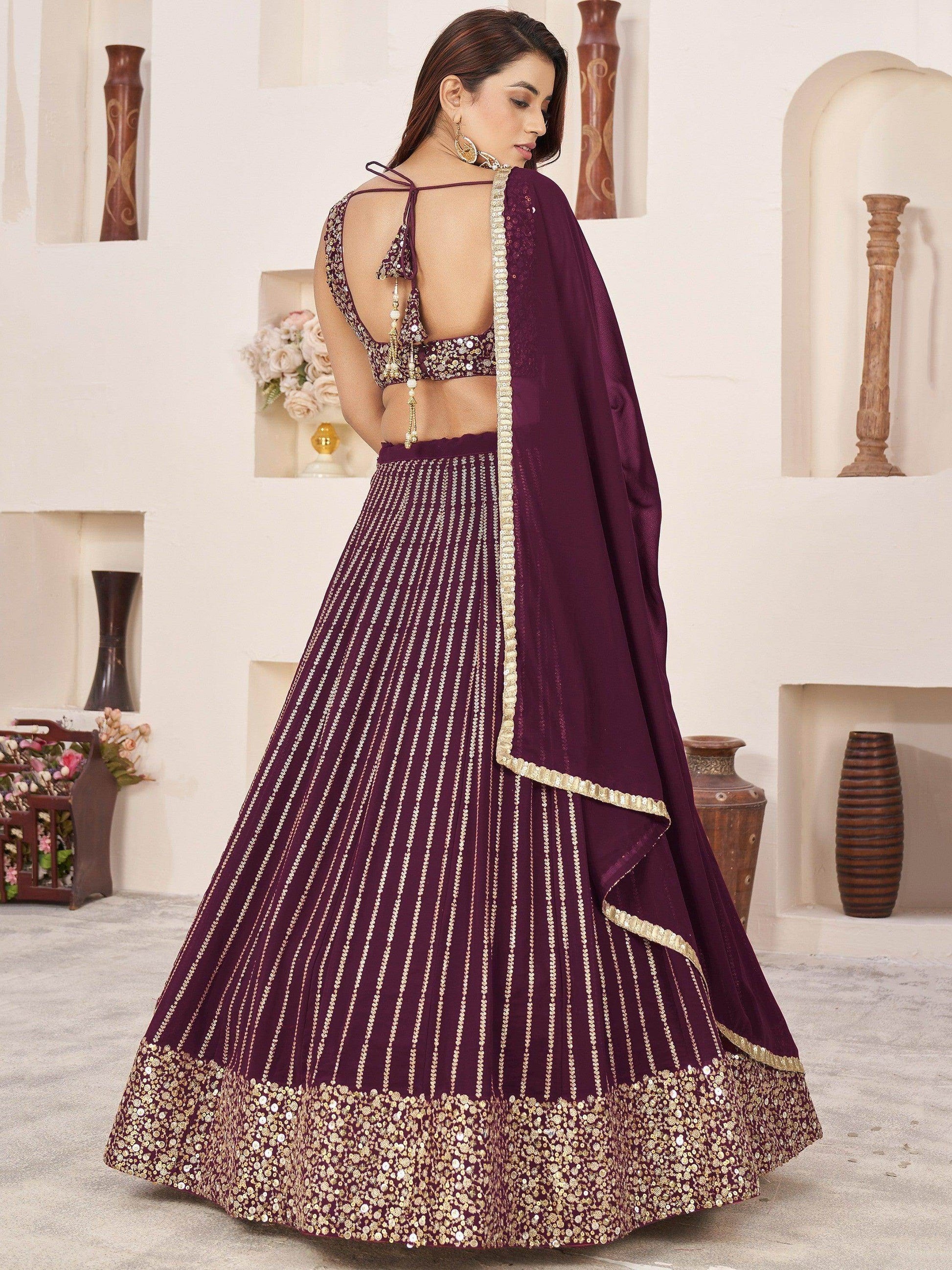 Fabulous Wine Sequins Georgette Reception Wear Lehenga Choli - Zeel Clothing