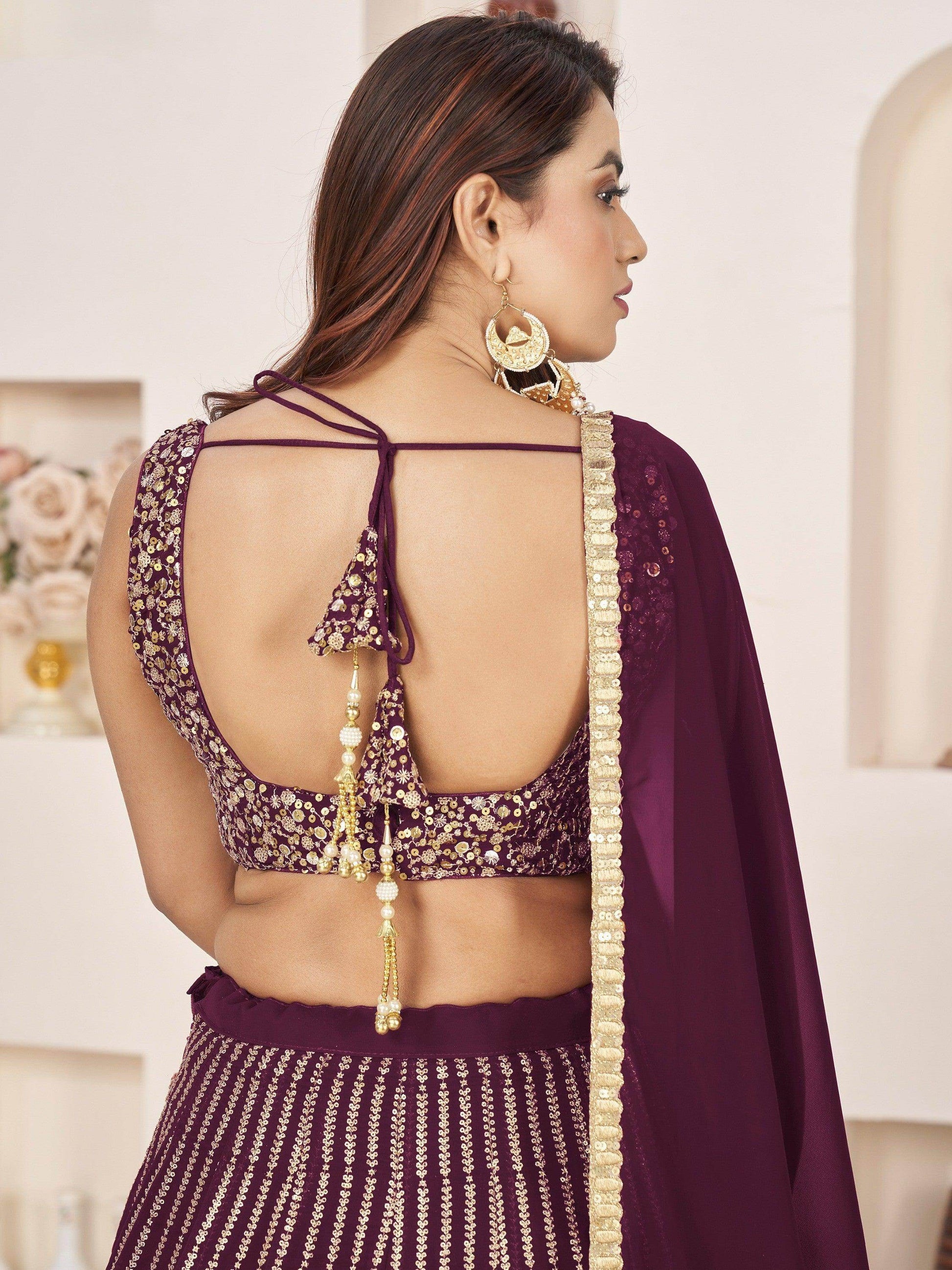 Fabulous Wine Sequins Georgette Reception Wear Lehenga Choli - Zeel Clothing