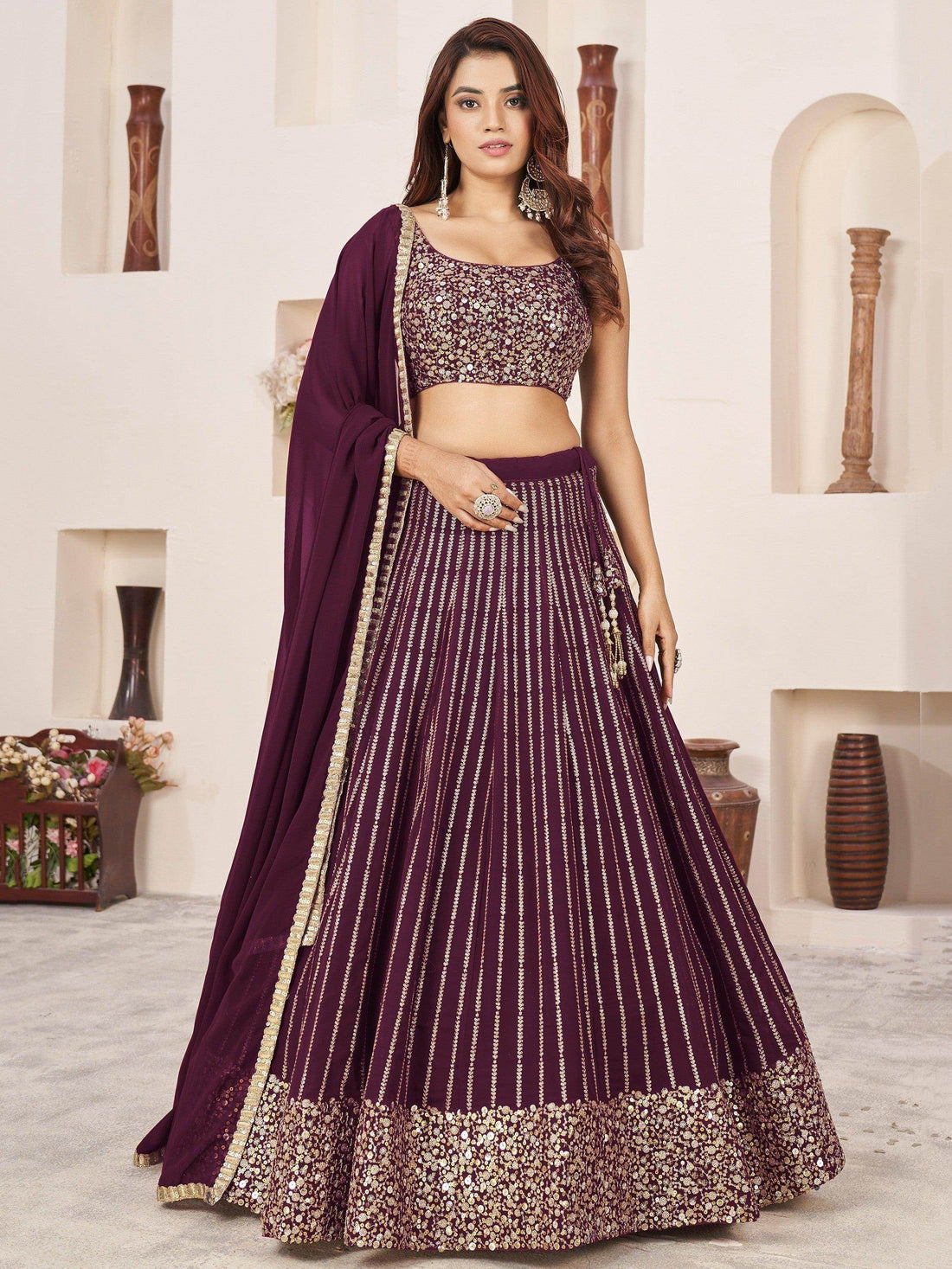 Fabulous Wine Sequins Georgette Reception Wear Lehenga Choli - Zeel Clothing