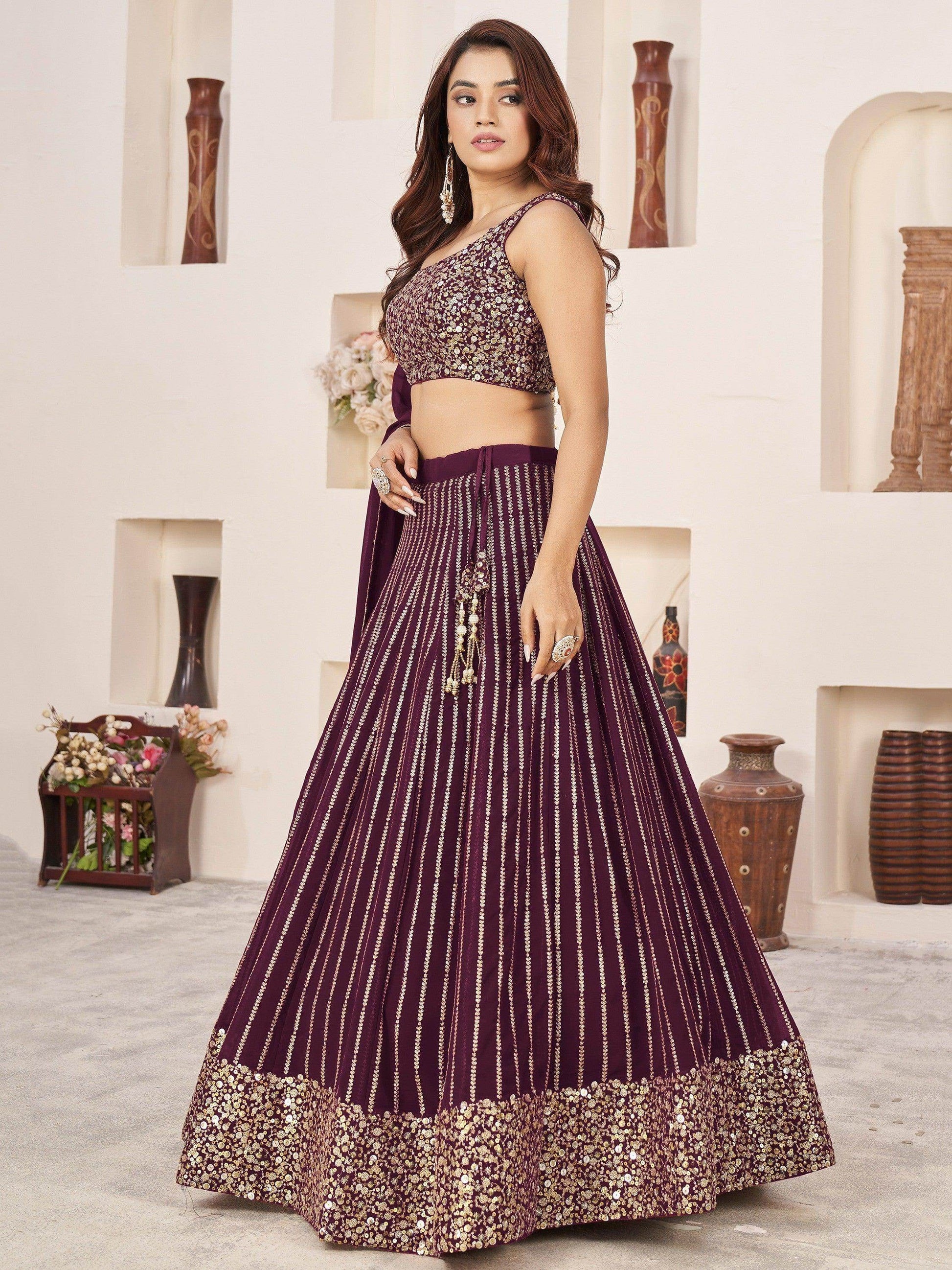 Fabulous Wine Sequins Georgette Reception Wear Lehenga Choli - Zeel Clothing