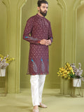 Fabulous Wine Thread Embroidered Rayon Marriage Wear Men's Kurta