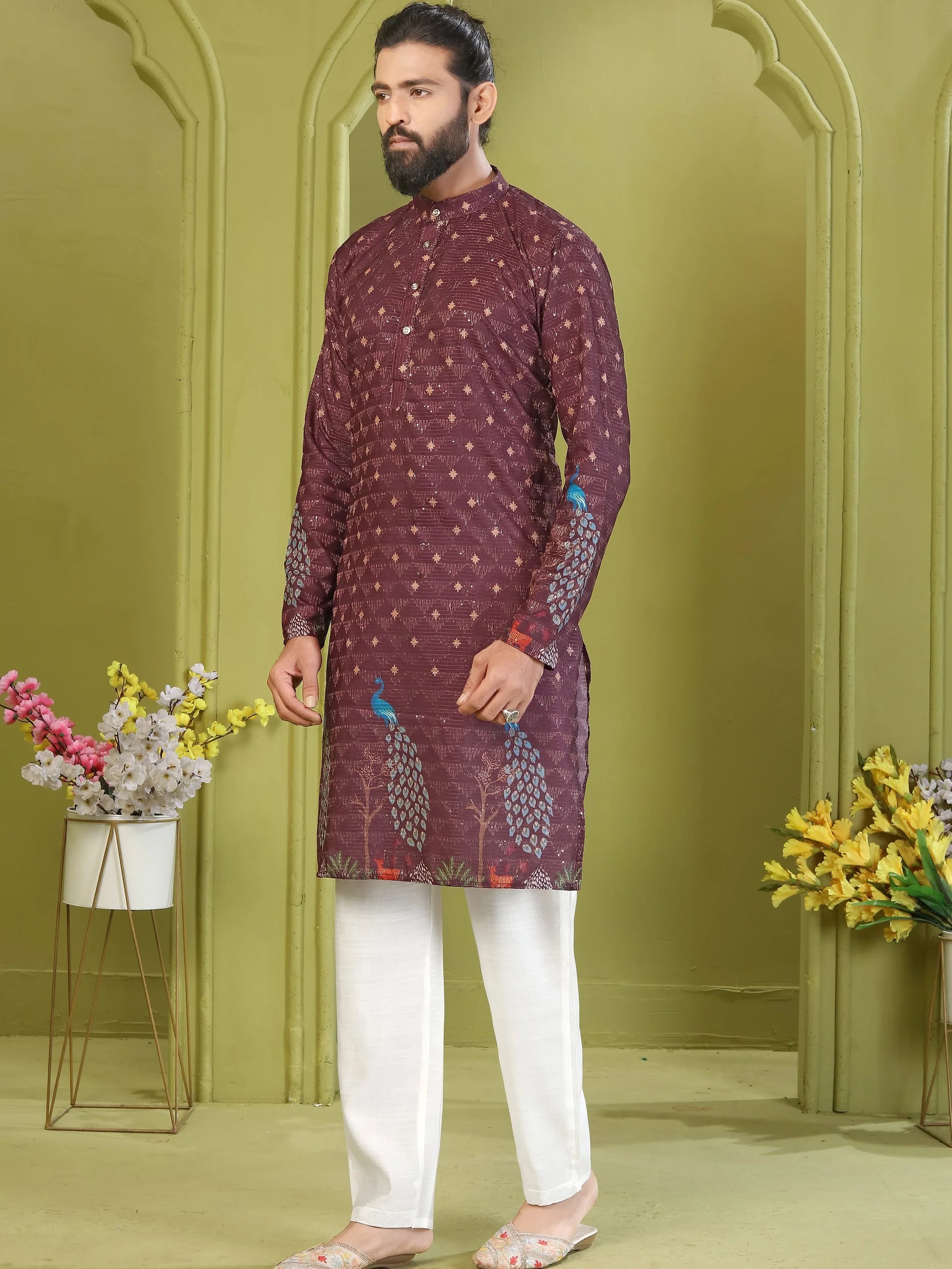 Fabulous Wine Thread Embroidered Rayon Marriage Wear Men's Kurta