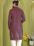 Fabulous Wine Thread Embroidered Rayon Marriage Wear Men's Kurta