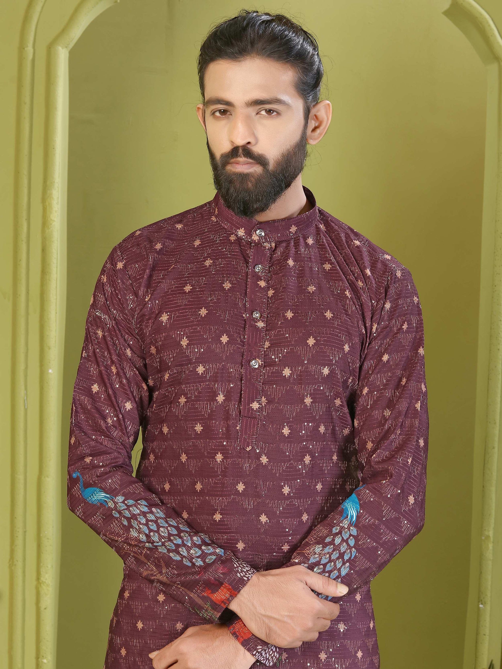 Fabulous Wine Thread Embroidered Rayon Marriage Wear Men's Kurta
