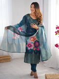 Fabulously Teal Blue Jacquard Work Chanderi Silk Traditional Pant Suit - Zeel Clothing
