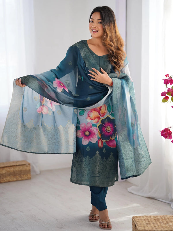Fabulously Teal Blue Jacquard Work Chanderi Silk Traditional Pant Suit - Zeel Clothing